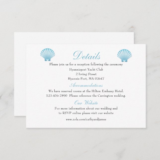 Eleganter Seashell Wedding Details Blue Beach Begleitkarte (Vorne/Hinten)