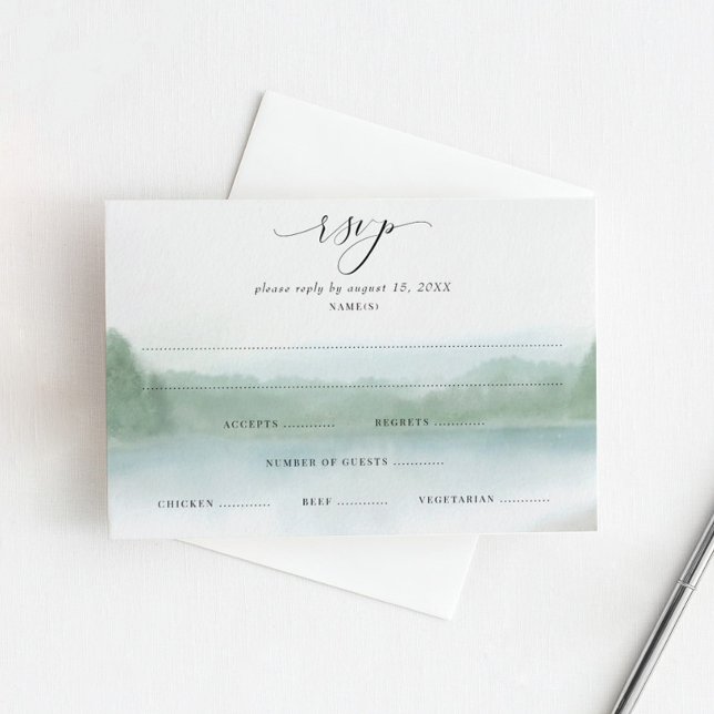 Eleganter See und Bäume weiche Wasserfarbe Hochzei RSVP Karte (Von Creator hochgeladen)