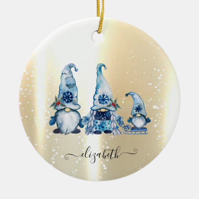 Eleganter Shiny, Imitate Gold, Blue Gnomes Keramik Ornament (Vorne)