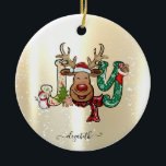 Eleganter Shiny, Imitate Gold, Rentier, Snowman Keramik Ornament<br><div class="desc">Niedliche Rentiere und Schneemann auf dem goldenen Hintergrund der Imitate.</div>