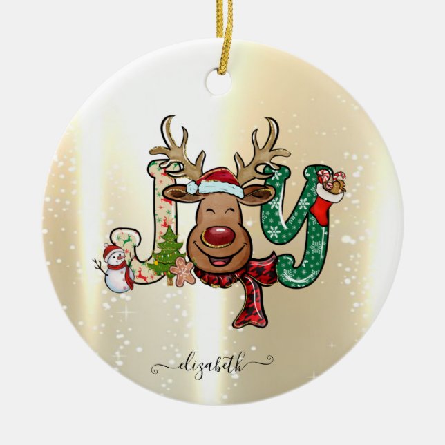 Eleganter Shiny, Imitate Gold, Rentier, Snowman Keramik Ornament (Vorne)