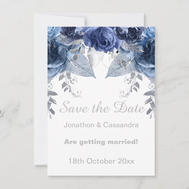ELEGANTER SILBER BLAUE BLLOUES SAVE THE DATE (Vorderseite)