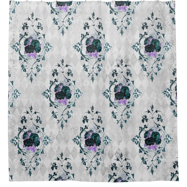 ELEGANTER SILBER BLAUE VINTAGE BLUMENDUSCHE DUSCHVORHANG (Vorderseite)