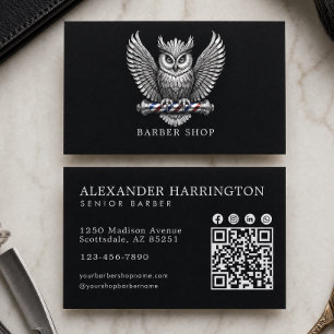 Eleganter Silber-Eule-Barbier-Shop-QR-Code Hair Pr Visitenkarte