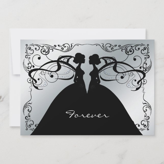 Eleganter Silber- und Black Gay Lesbian Wedding In Einladung (Vorderseite)