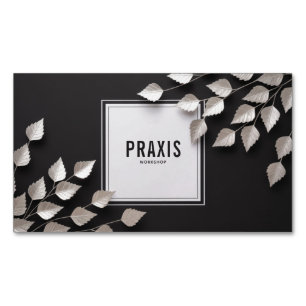 Eleganter Silberblattzweig Minimalistisch Schwarz Magnetische Visitenkarte