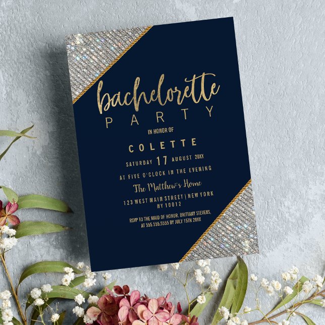 Eleganter silberblauer Glitzer Bachelorette Einladung (Elegant navy blue gold silver glitter Bachelorette Invitation)