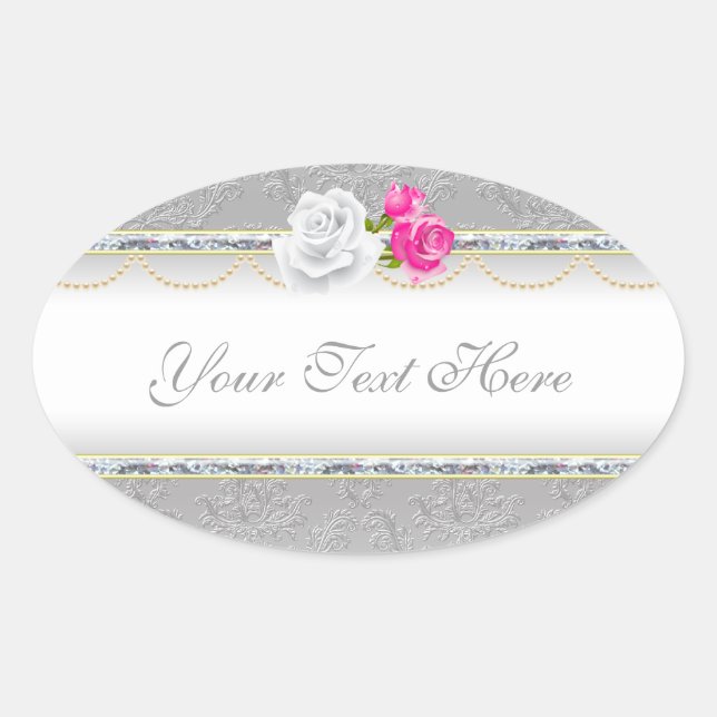Eleganter SilberDamast und rosa Rose Ovaler Aufkleber (Vorderseite)