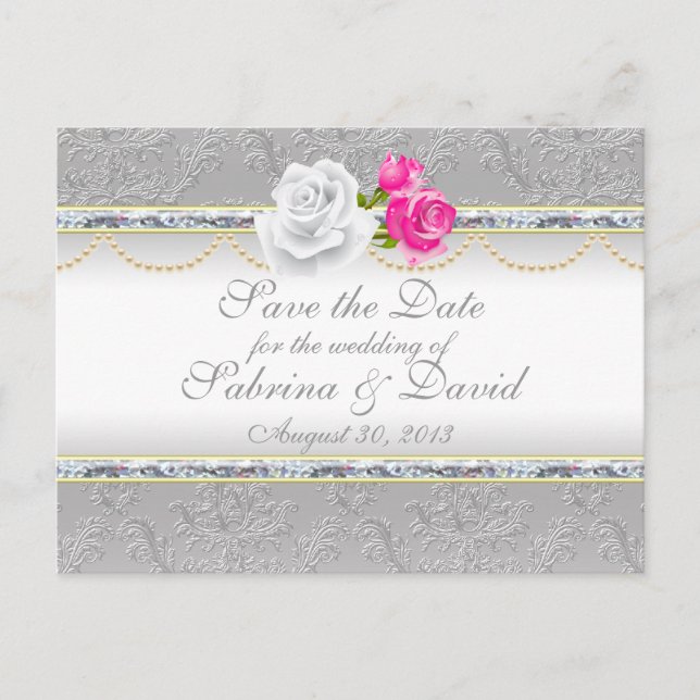 Eleganter SilberDamast und Rosa Rose Save the Date Ankündigungspostkarte (Vorderseite)