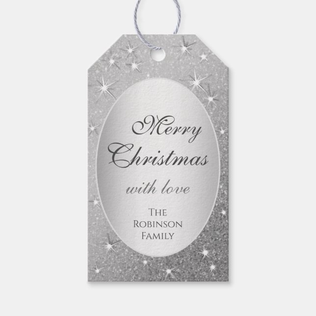 Eleganter Silbereffekt Glitzer Moderne Weihnachten Geschenkanhänger (Vorderseite)