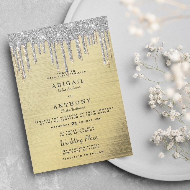 Eleganter Silberhochzeit-Tropfen mit Silbergold Einladung (Elegant gold silver glitter drips white wedding)