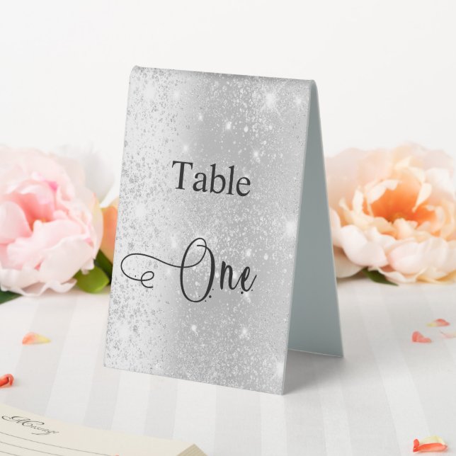 Eleganter silberner Glitzer Kalligraphie-Tisch ein Tischaufsteller (In Situ (Hochzeit))