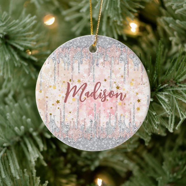 Eleganter silberner Rose tropfender Glitzer Keramik Ornament (Baum)