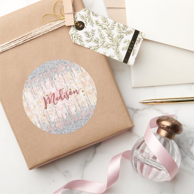 Eleganter silberner Rose tropfender Glitzer Runder Aufkleber (Schenken)