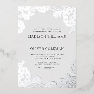 Eleganter Silberstreifen + Gray Lace Wedding Real Folieneinladung