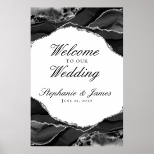 Eleganter Silberstreifen Schwarz Agate Hochzeit Wi Poster