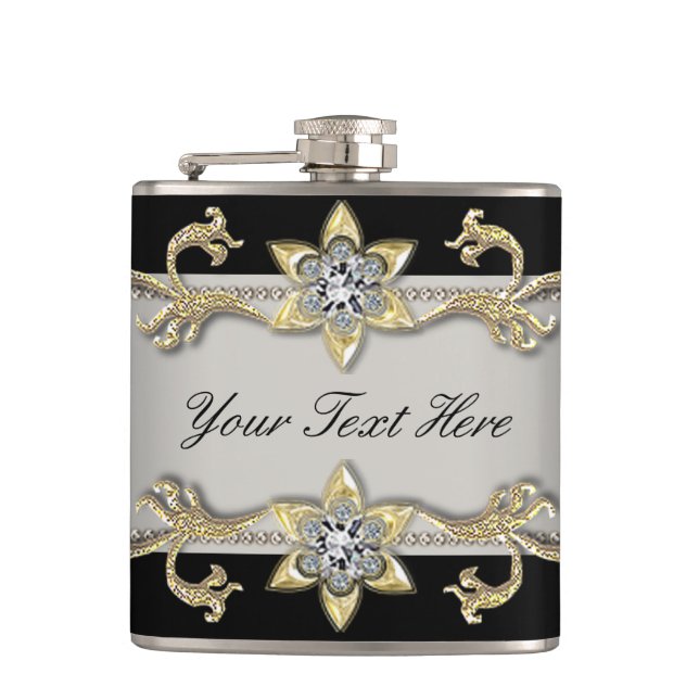 Eleganter Silver Black and Gold Flask Flachmann (Vorderseite)