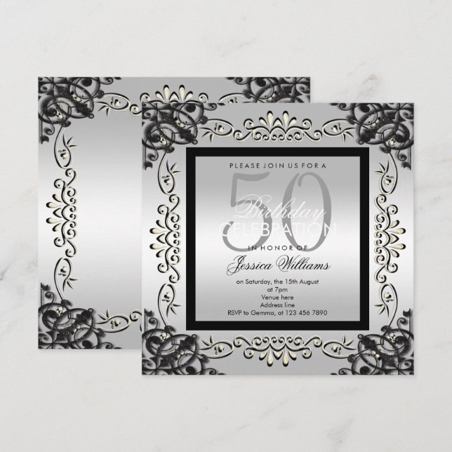 Eleganter Silver & Black Women's 50. Geburtstag Einladung (Vorne/Hinten)