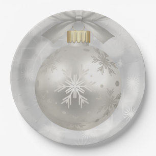 Eleganter Silver Christmas Ball auf Bokeh Lights Pappteller