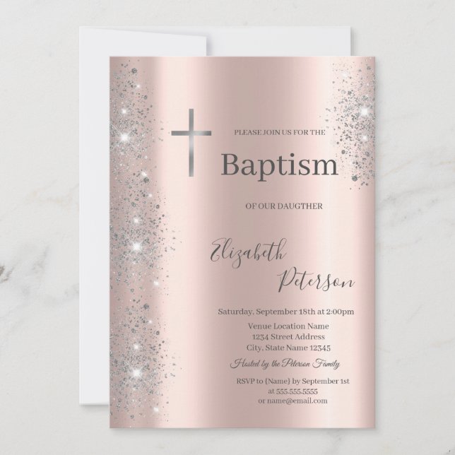 Eleganter Silver Cross Taufe Rose Gold Glitzer Einladung (Vorderseite)