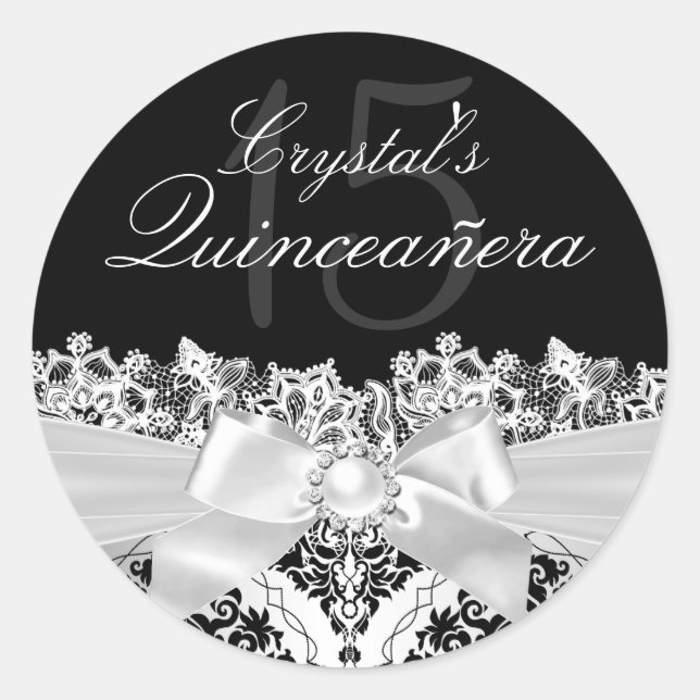 Eleganter Silver Damask & Bow Quinceanera Sticker (Vorderseite)