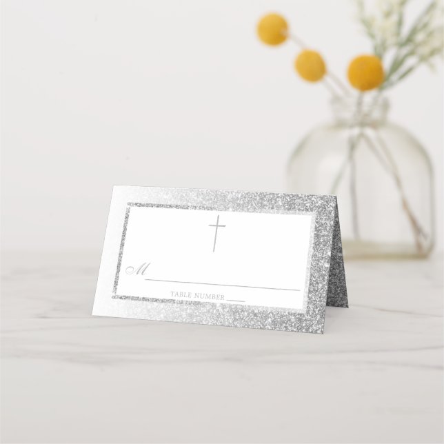 Eleganter Silver Glitzer Bestätigung oder Taufe Platzkarte (Vorderseite)