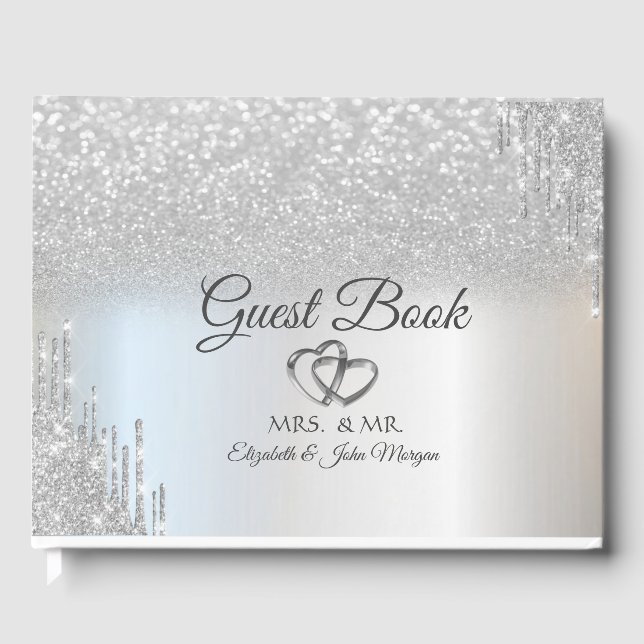 Eleganter Silver Glitzer Bokeh Hearts Tropfens Hoc Gästebuch (Vorderseite)