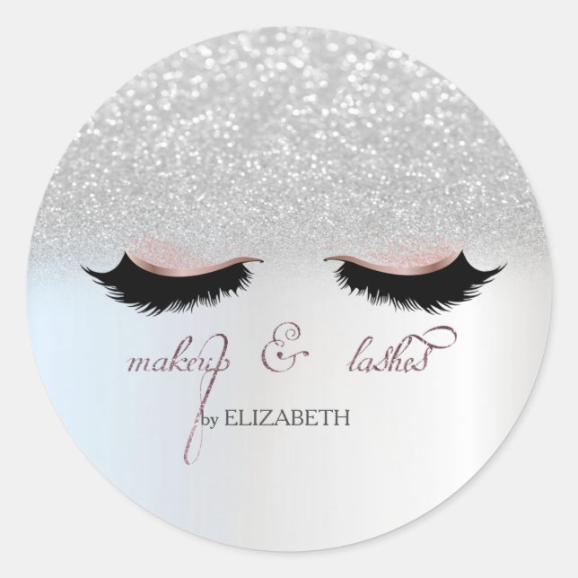 Eleganter Silver Glitzer Bokeh, Imitate Lashes Runder Aufkleber (Vorderseite)