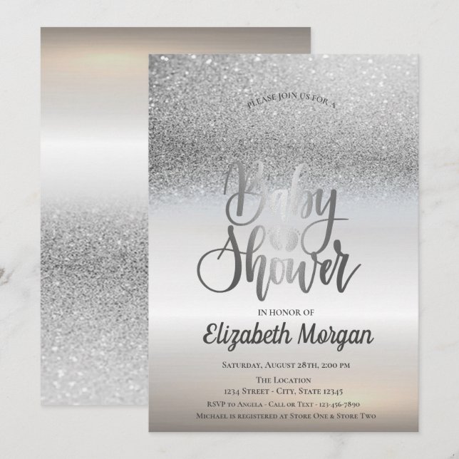 Eleganter Silver Glitzer Bokeh Ombre Babydusche Einladung (Vorne/Hinten)