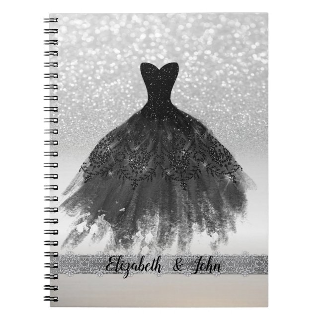 Eleganter Silver Glitzer Bokeh, Schwarzes Kleid Notizblock (Vorderseite)