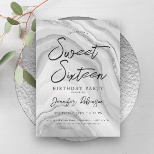 Eleganter Silver Glitzer Chic Marmorglasur Sweet 1 Einladung