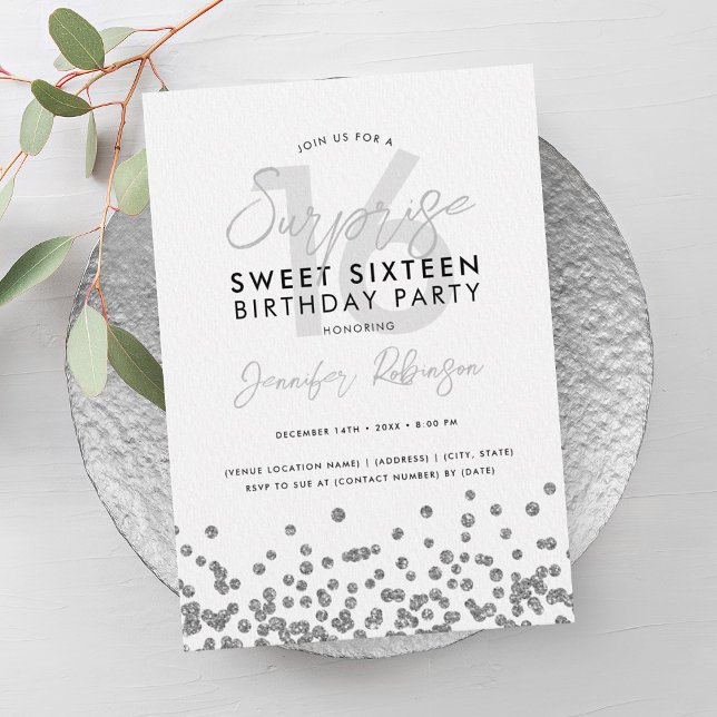 Eleganter Silver Glitzer Confetti Überraschung Swe Einladung (Elegant Silver Glitter Confetti Surprise Sweet 16 Invitation)