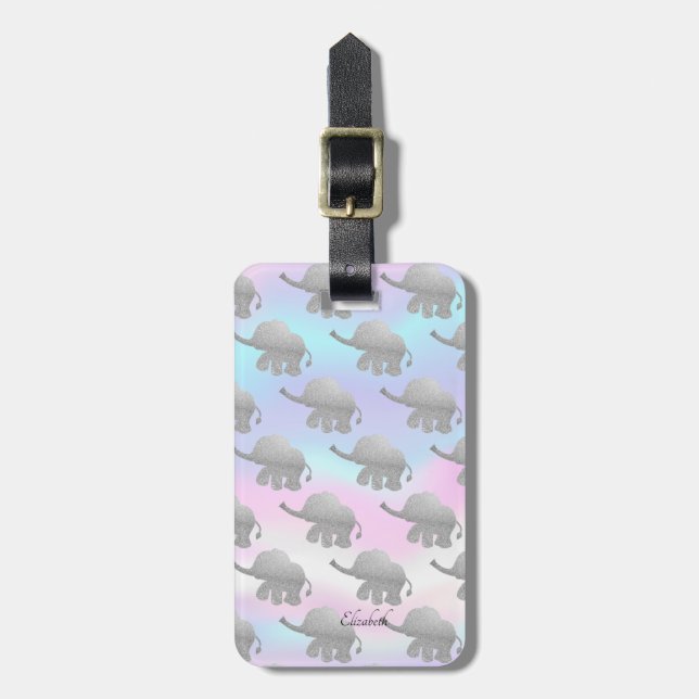 Eleganter Silver Glitzer Elephants Holographie Gepäckanhänger (Vorderseite vertikal)