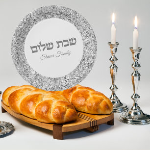Eleganter Silver Glitzer Hebrew Shabbat Shalom Pappteller