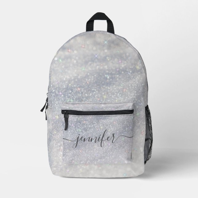 Eleganter Silver Glitzer Individuelle Name Bedruckter Rucksack (Vorderseite)