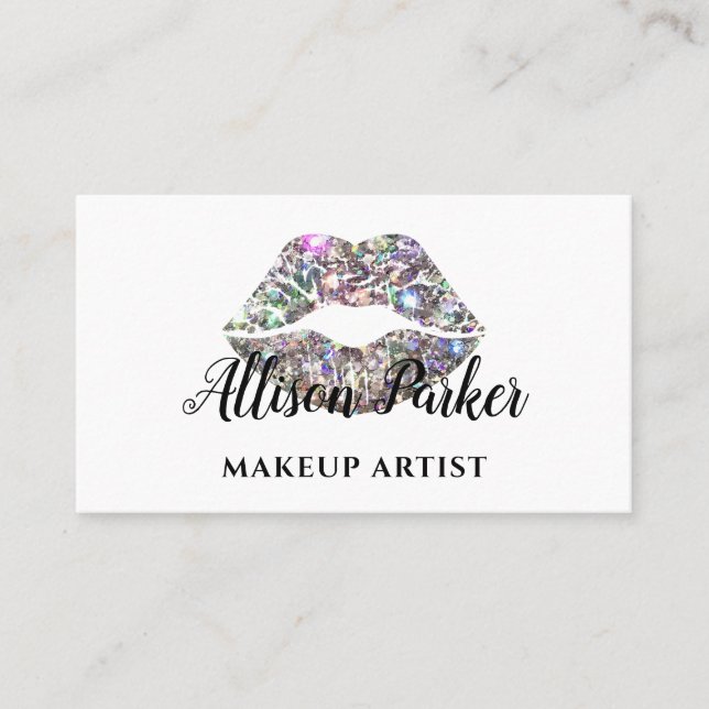 Eleganter Silver Glitzer Lips Makeup Artist Visitenkarte (Vorderseite)