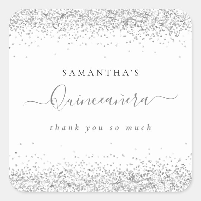 Eleganter Silver Glitzer Name Quinceañera Vielen D Quadratischer Aufkleber (Vorderseite)