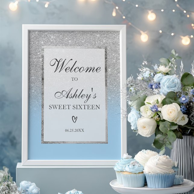 Eleganter Silver Glitzer ombre Blue Sweet 16 Willk Poster (Elegant Silver glitter ombre Blue Sweet 16 Welcome Poster)