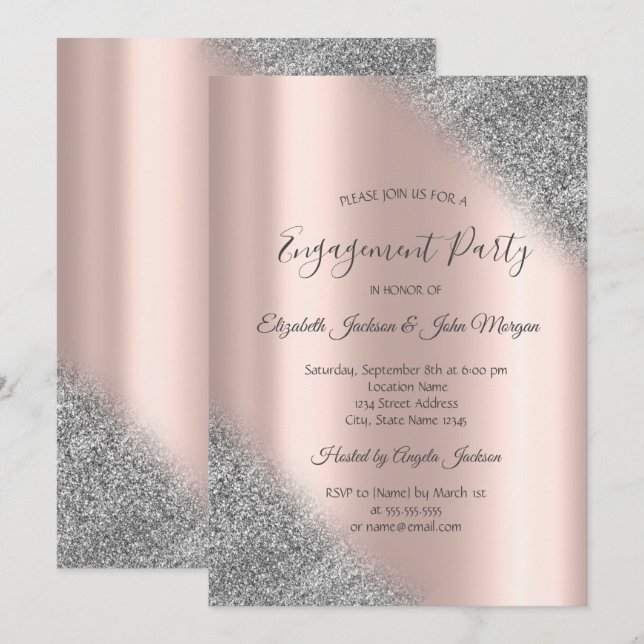 Eleganter Silver Glitzer Ombre Rose Gold Verlobung Einladung (Vorne/Hinten)