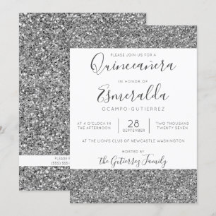 Eleganter Silver Glitzer Sparkle Quinceanera Einladung