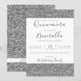 Eleganter Silver Glitzer Sparkle Quinceanera Einladung