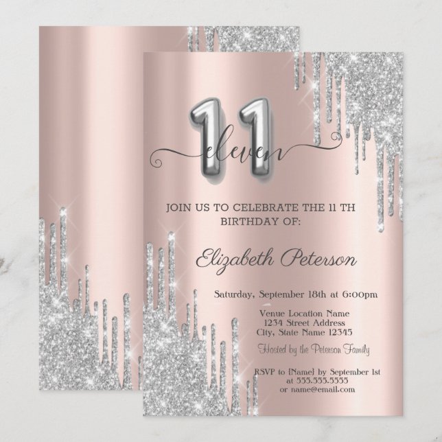 Eleganter Silver Glitzer Tropfen Rose Gold 11. Einladung (Vorne/Hinten)