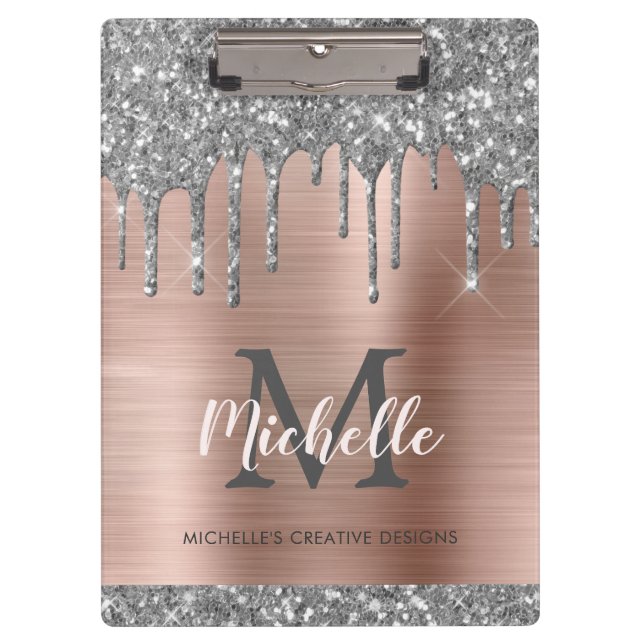 Eleganter Silver Glitzer Tropfen Rose Gold Mit Mon Klemmbrett (Vorderseite)