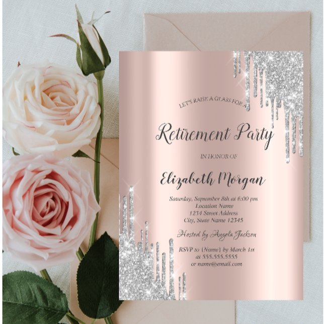 Eleganter Silver Glitzer Tropfen Rose Gold Rente Einladung (Von Creator hochgeladen)