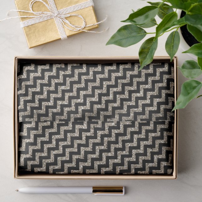 Eleganter Silver Gold Glitzer Zickzack auf Black Seidenpapier (Geschenk)