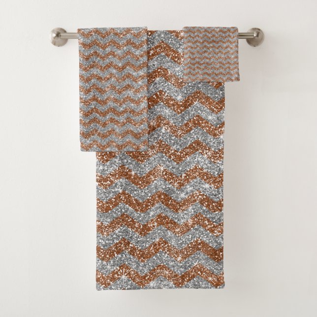 Eleganter Silver Gold Glitzer Zickzack Zig Zag Des Badhandtuch Set (Insitu)