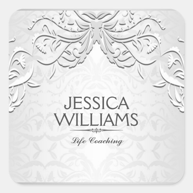 Eleganter Silver Gray Floral Frame Quadratischer Aufkleber (Vorderseite)
