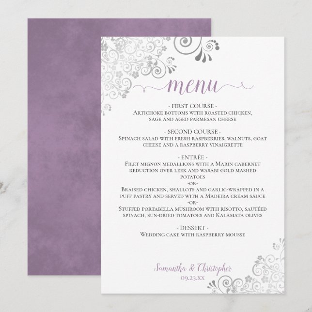Eleganter Silver Lace Lavender auf White Wedding Menükarte (Vorne/Hinten)