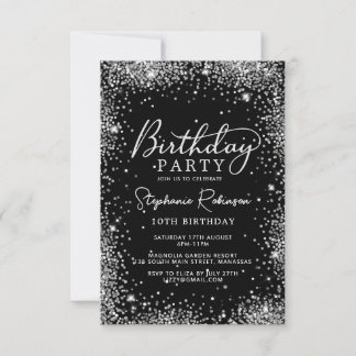Eleganter Silver Metallic Glitzer 10. Geburtstag Einladung