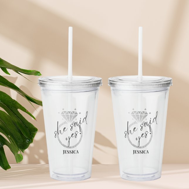 Eleganter Silver Ring Sie sagte ja Verlobung Acryltrinkbecher (Von Creator hochgeladen)